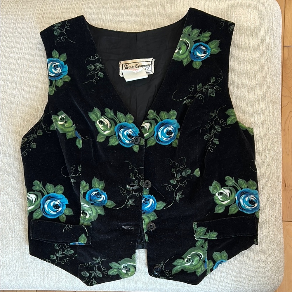 Vintage Floral Velvet Vest with Blue and Green Roses
